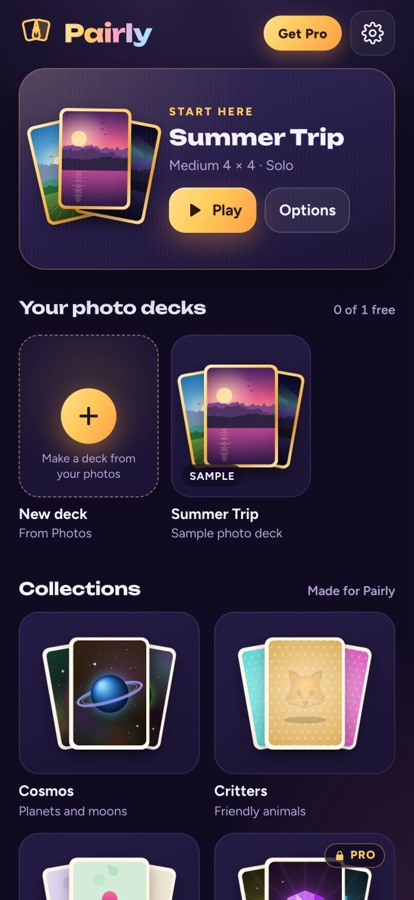 Pairly Home: a Summer Trip quick play card, your photo decks with a New deck tile, and the Cosmos and Critters collections