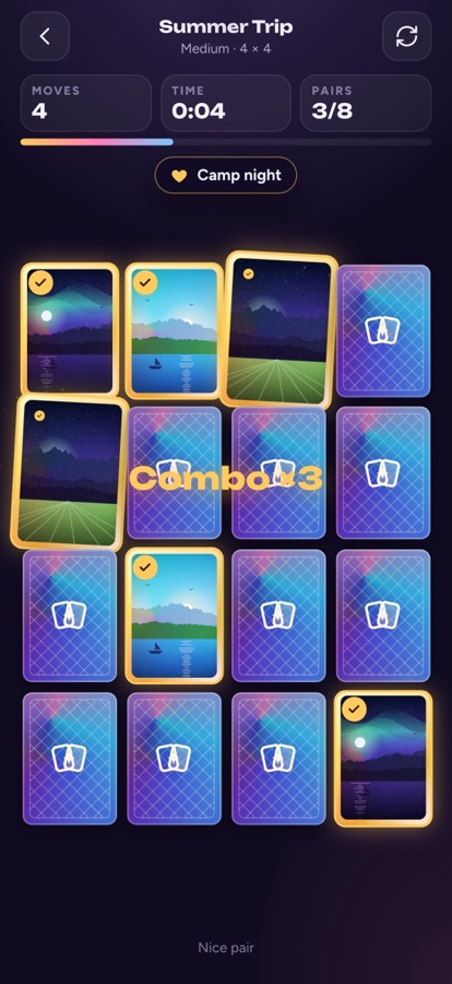 A game in progress on a 4 by 4 board: three matched photo pairs glow with gold frames, a Combo x3 banner and a Camp night caption chip