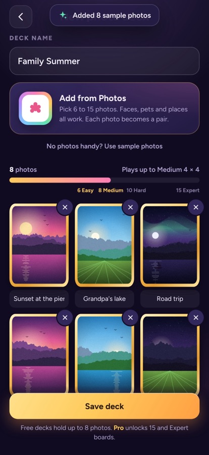 Deck Studio: a deck named Family Summer with eight photos and captions such as Grandpa's lake and Road trip